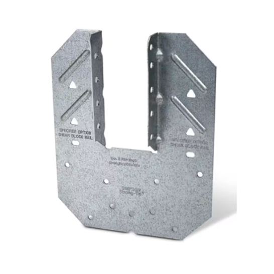The Simpson H10A 18 Ga Galvanized Hurricane Tie by Simpson Strong-Tie is a metallic, U-shaped bracket made of durable steel, featuring multiple holes and angled reinforcements. Its textured galvanized surface includes identification marks, ensuring durability and reliability.